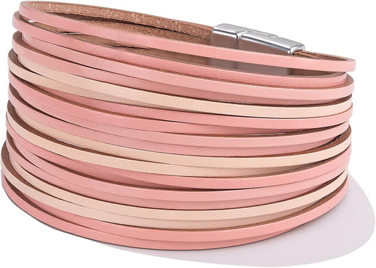 FANCY SHINY Boho Leather Wrap Bracelet Stackable Layered Bangle Cuff with Magnetic Clasp