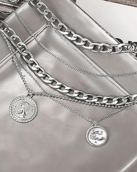 MJartoria Layered Necklaces for Women Trendy Retro Coin Pendant Necklace Dainty Chunky Chain Choker Necklaces for Jewelry Birthday Gifts