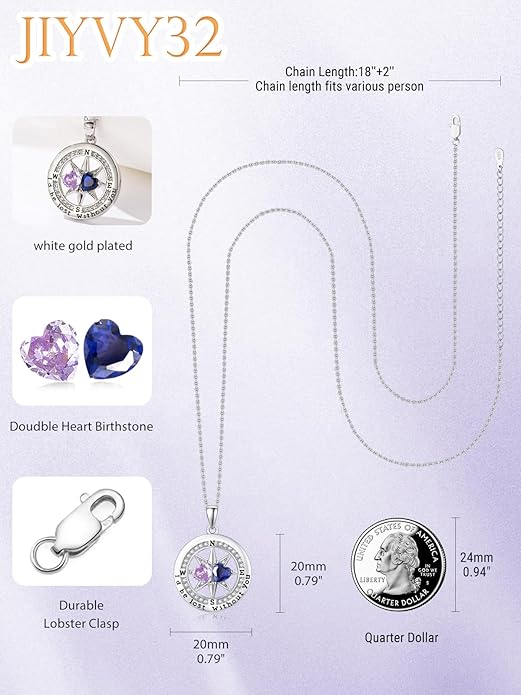 Compass Birthstones Necklace for Women, Exquisite Anniversary Birthday Gifts for Wife Her Double Birthstone Pendant jewelry ‘I'd be Lost Without You’