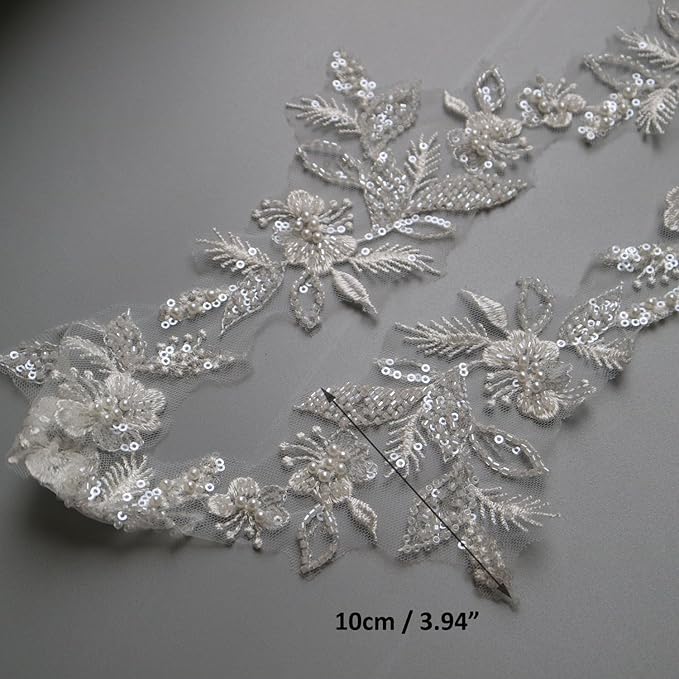 G-RUI 2yard Sequins Beaded Flower Embroidery lace Appliques for Wedding Dresses Rhinestone Applique Patches lace Trims parches ropa (Off White) (P3403A)