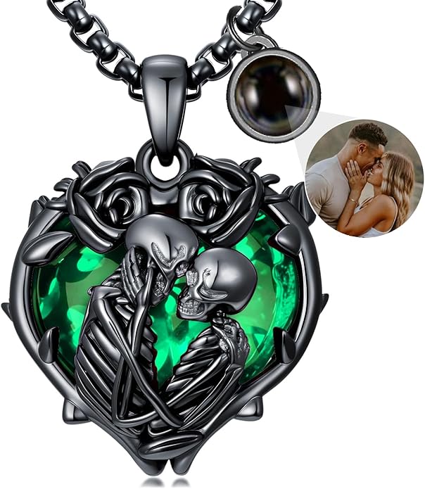 Flpruy 925 Sterling Silver Black Gothic Jewelry Gifts Skeleton Couple Pendant Crystal Birthstone Heart Necklace Punk Romantic Jewelry for Lover Men Women