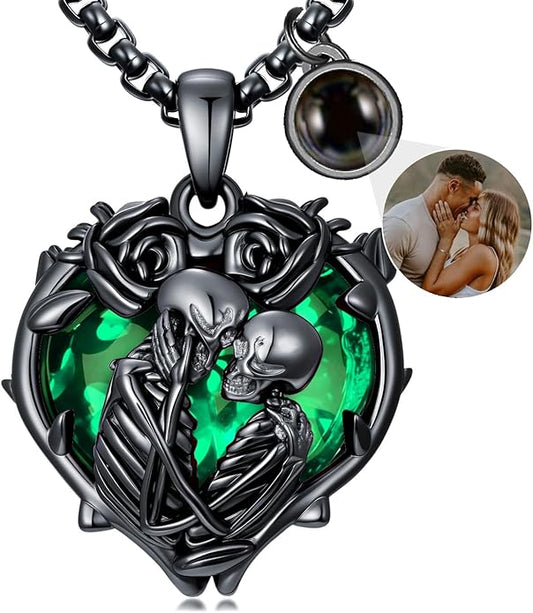 Flpruy 925 Sterling Silver Black Gothic Jewelry Gifts Skeleton Couple Pendant Crystal Birthstone Heart Necklace Punk Romantic Jewelry for Lover Men Women