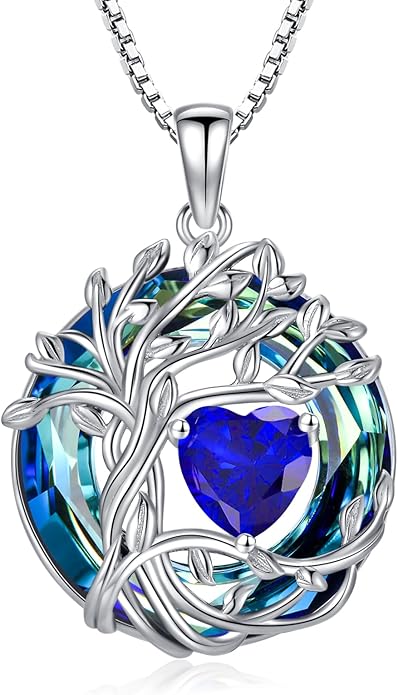 TOUPOP Christmas Gifts Tree of Life Birthstone Necklace 925 Sterling Silver Pendant Austrian Crystal Jewelry Anniversary Birthday Gifts for Women Mom Her Wife