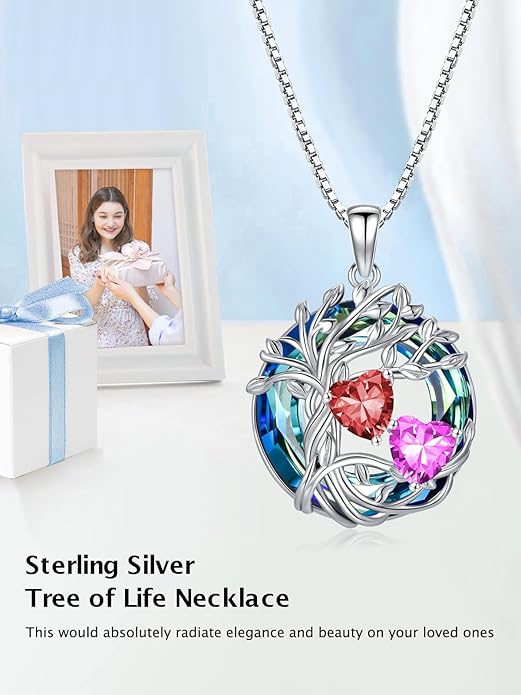 TOUPOP s925 Sterling Silver Family Celtic Tree of Life Pendant Necklaces with 2 Heart Birthstone with Blue Austrian Crystal Jewelry Birthday Anniversary Christmas Gifts for Her Wife Girlfriend Mom (18K Real White Gold Filled)