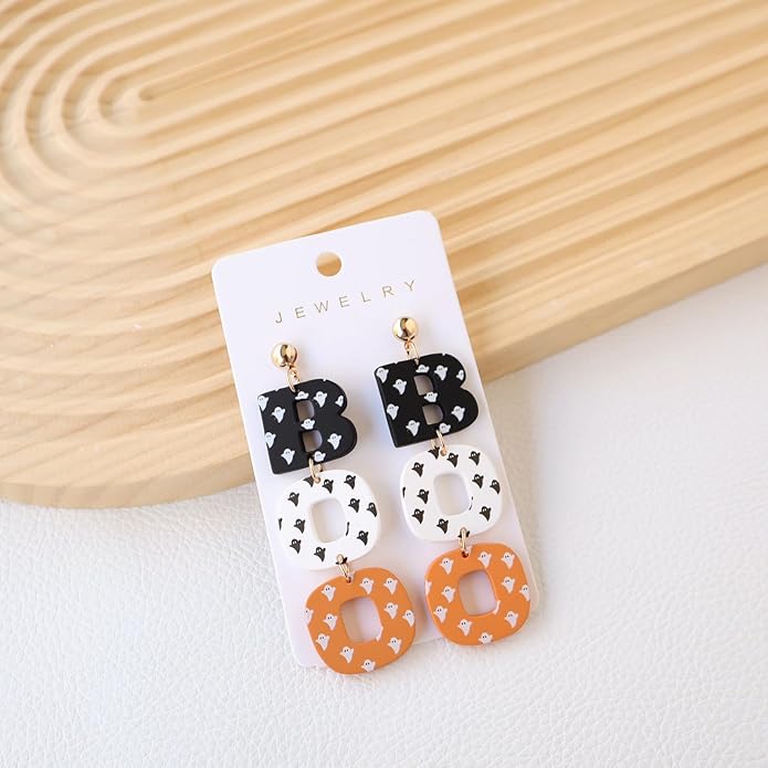 Halloween BOO Ghost Skull Earrings for Women, Gothic Dark Bat Dangle Earrings,Retro Acrylic Cute Lightweight Drop Dangle Earring Jewelry Gifts, Holiday Festive Cosplay Party Decorations Accessories