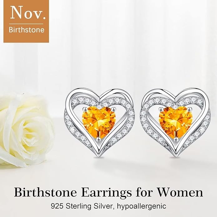 Iefil Birthstone Earrings for Women, 925 Sterling Silver Heart Stud Earrings Birthday Gifts for Women