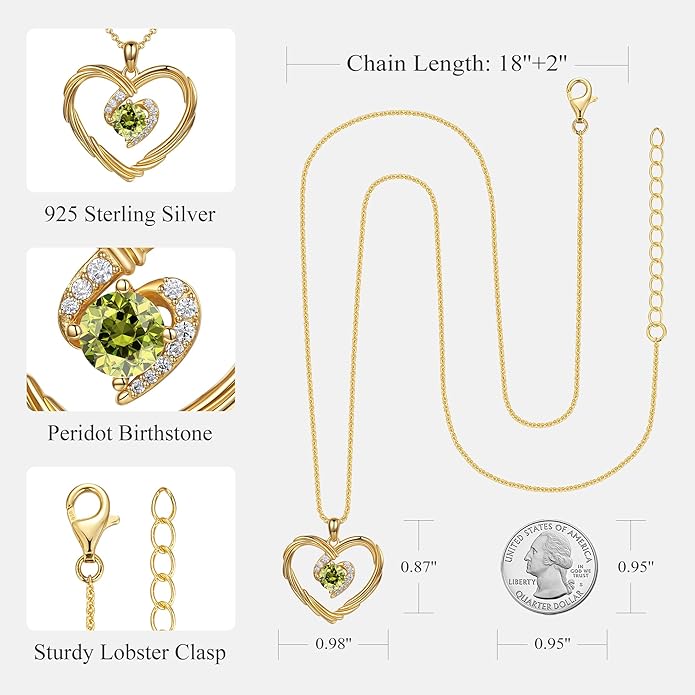 G&GEMSJEW 18K Gold Heart Birthstone Necklaces for Women, S925 Sterling Silver Jewelry Birthday Gifts for Women Wife Girlfriend Mom, Anniversary Christmas Valentines Gifts