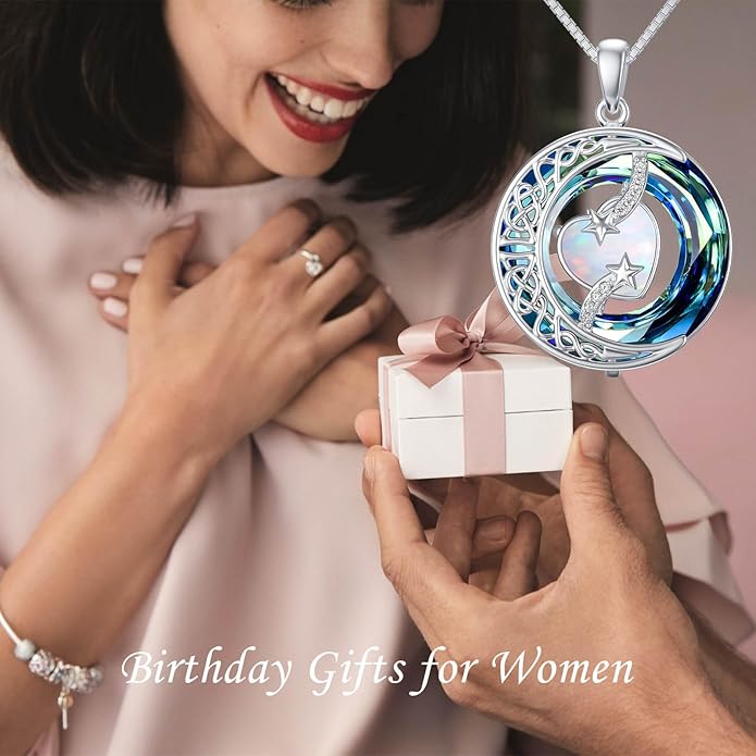 TOUPOP Christmas Gifts Birthstone Necklace 925 Sterling Silver Moon and Star Pendant with Blue Crystal Celtic Moon Jewelry Birthday Gifts for Women Mom Wife Her Daughter