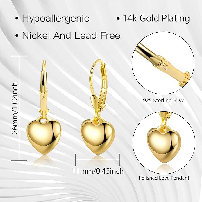 925 Sterling Silver Heart Dangle Earrings for Women Silver Dangle Leverback Earrings Hypoallergenic Love Heart Dangle Drop Earrings for Jewelry Gifts