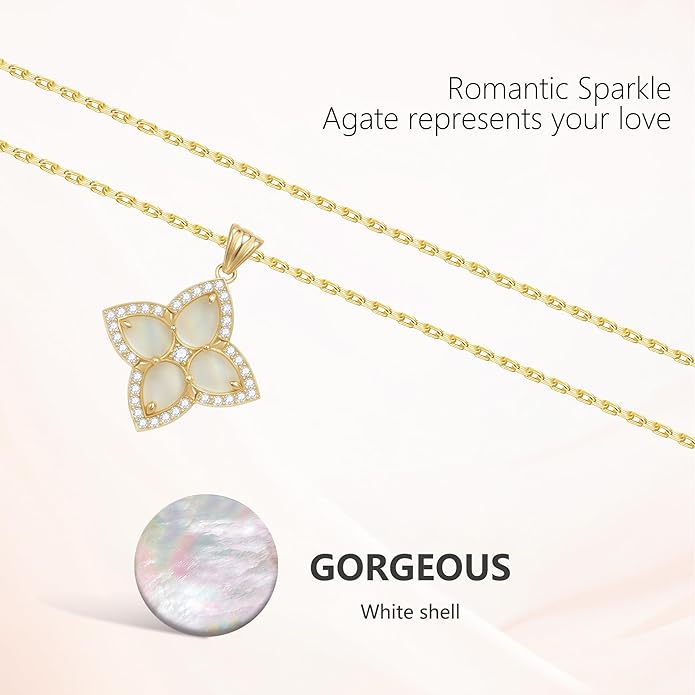 S925 Women's Sterling Silver Pendant Necklace - Classic Mother Pearl Four-Leaf Flower Necklace with Cubic Zircon, Hypoallergenic Fine Jewelry Gift