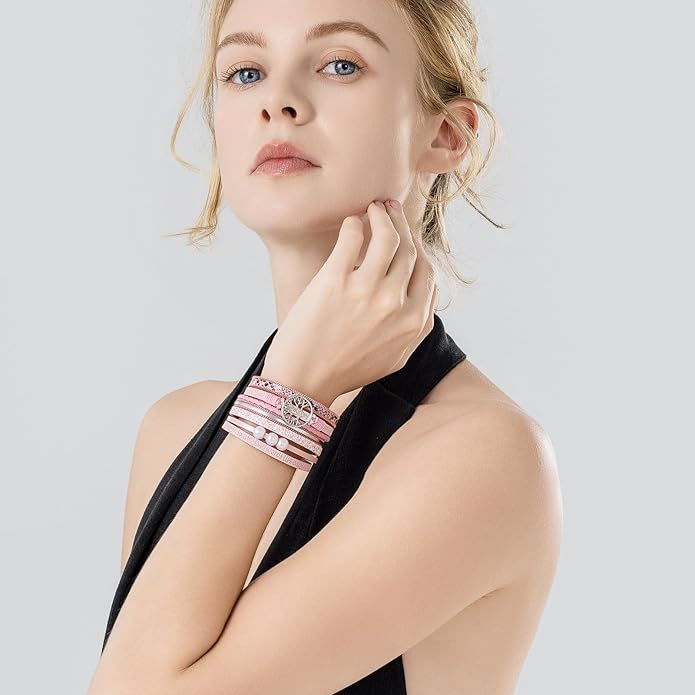 FANCY SHINY Tree of Life Leather Wrap Bracelet Inspirational Cuff Bangles Boho Pearl Bracelets with Magnetic Clasp Unique Jewelry Gifts for Women