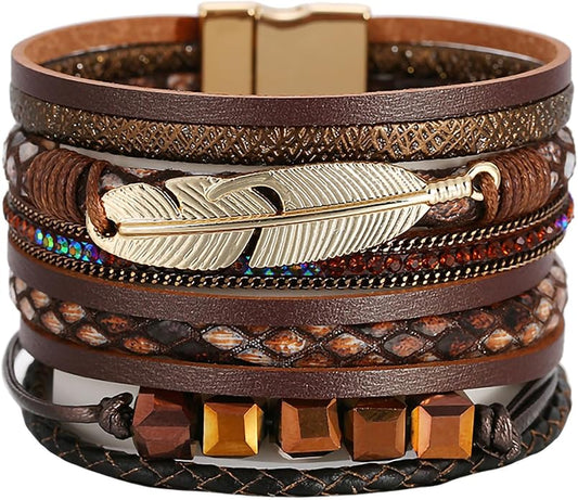 Fesciory Leopard Bracelet for Women, Boho Leather Wrap Multi-Layer Pearl Crystal Bracelet Bangle Jewelry