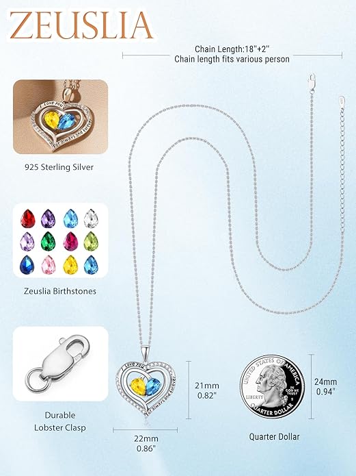 Zeuslia Double Birthstone Necklace Gifts for Wife - 925 Sterling Silver Sunflower/Rose/Crown Cross/Compass/Heart Pendant I Love You Necklace, Anniversary Birthday Gifts for Wife Girlfriend Mom Her