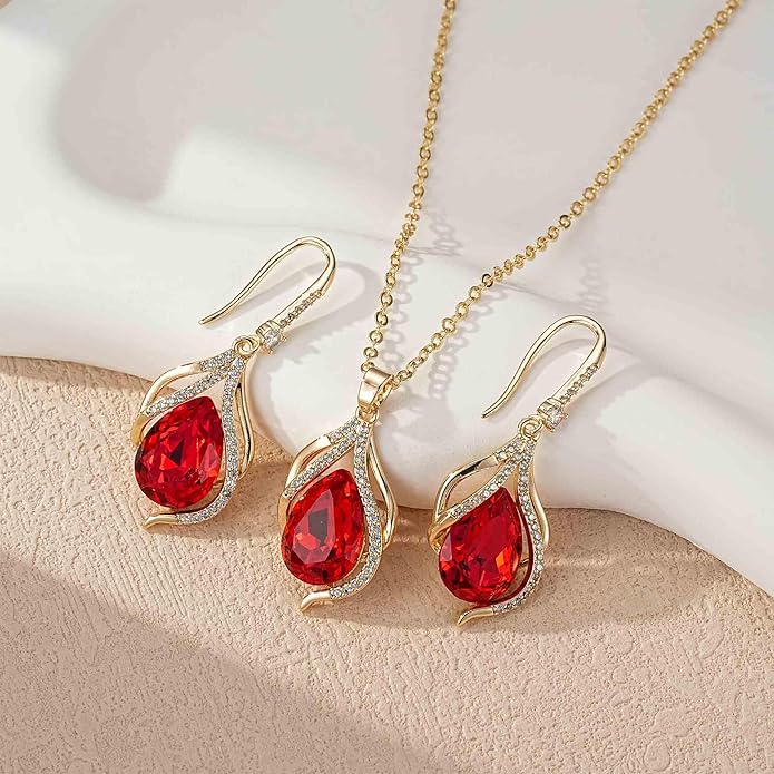 EVEVIC Austrian Crystals Teardrop Hollow Twisted Pendant Necklace Earrings for Women 14K Gold Plated Halo Drop Dangle Earrings Hypoallergenic Jewelry Set