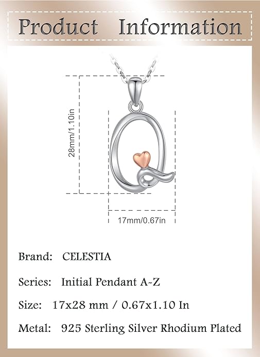 CELESTIA 925 Sterling Silver Initial Necklaces 26 Letter with Rose Gold Heart - 18 Inch Chain