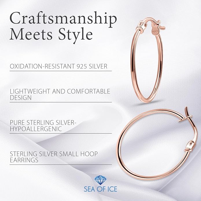SEA OF ICE 925 Sterling Silver Hoop Earrings for Women - Hypoallergenic Earrings for Women in Sterling Silver, Yellow Gold, Rose Gold or Black Rhodium | Sizes 12MM, 15MM, 20MM or Multipack