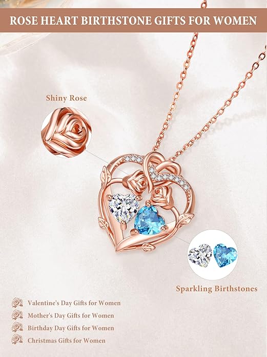 Rose Gold Necklaces for Women Double Birthstone Rose Flower Heart Pendant Necklace Jewelry Anniversary Christmas Valentine's Mother's Day Birthday Gift for Wife Mom Her Girlfriend Sister
