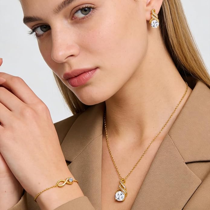 HNPHQT Jewelry Sets for Women-18K Gold Plated Dainty Birthstone Pendant,Trendy Necklace Earrings Infinity Bracelets Set,Ideal Jewelry Gifts for Her Mom