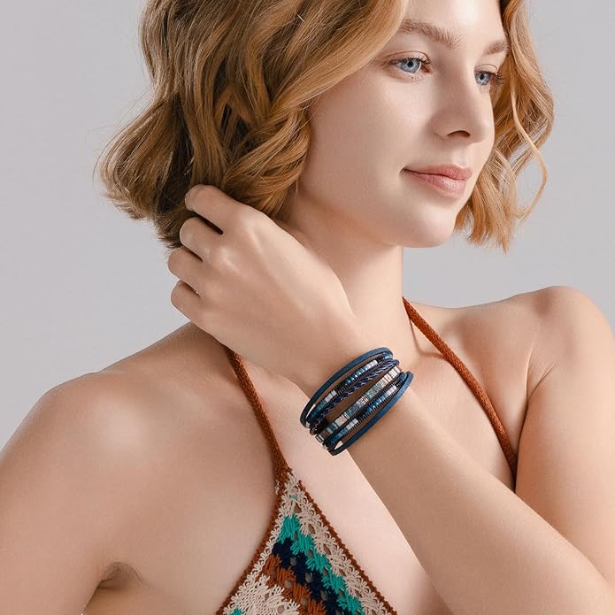 FANCY SHINY Boho Leather Wrap Bracelets Trendy Layered Bracelets with Magnetic Clasp Strackable Bohemian Jewelry Gifts for Women