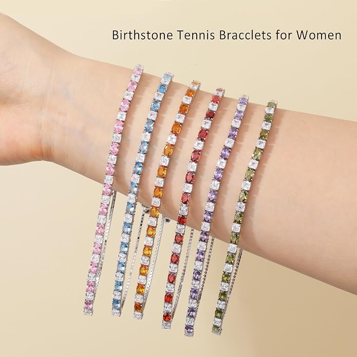 Sterling Silver Birthstone Bracelets for Women White Gold Tennis Bracelets Adjustable Chain 6-9 Inchs Jewelry Hypoallergenic Anniversary Birthday Gifts for Women Mom Wife Her