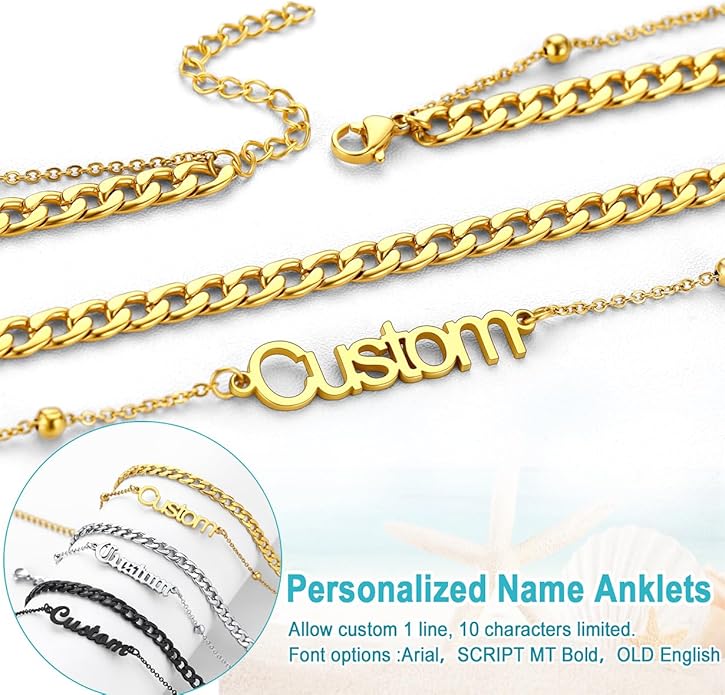 U7 Custom Layered Ankle Bracelets for Women Stainless Steel Bead/Cuban/Figaro/Rope/Wheat Chain Anklet Waterproof Anklet Jewelry for Beach Vacation