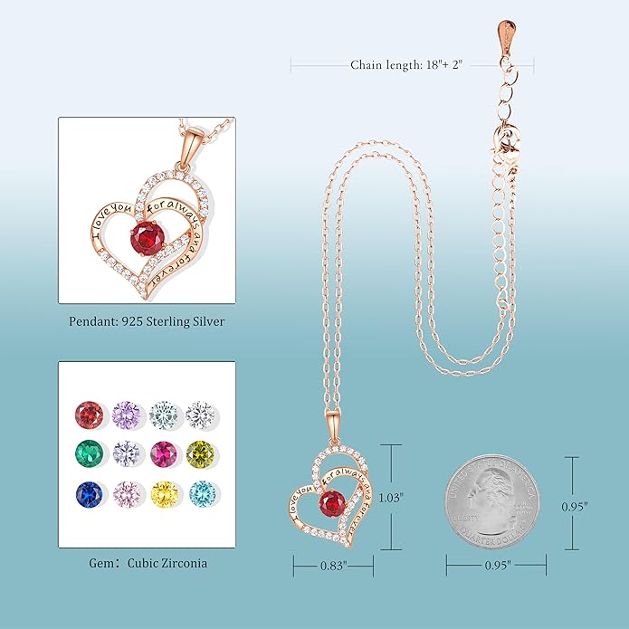 Heart Birthstone Silver Necklace for Women, S925 Sterling Silver Pendant Necklace Birthday Jewelry Gifts for Her Mother Mom Wife Girlfriend