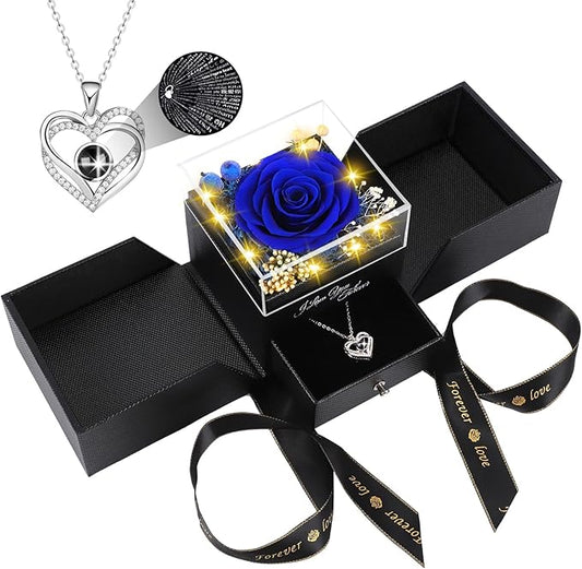 Preserved Blue Real Rose Flowers in Box with I Love You in 100 Languages Necklace - Unique Gift for Women Mom Wife Girlfriend on Mother's Day Valentine's Day, Birthday, Christmas