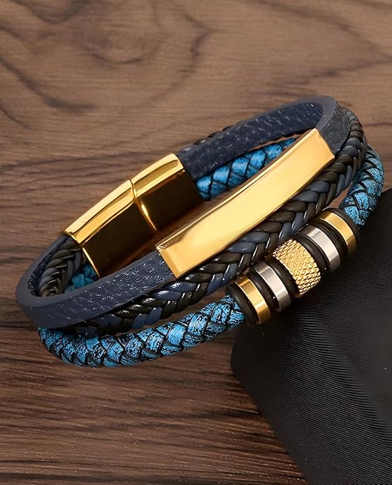Italian Handmade Genuine Leather Bracelets for Men Stainless Steel Clip, Men's Casual Genuine Multi-layer Cuff Bracelet, Bracelet Gift for Real Men