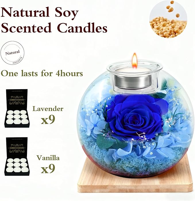 Forever Real Roses in Glass with Scented Candle, Christmas Gift Ideas Preserved Flower Christmas Gifts for Women Her Girlfriend Wife Mom on Valentines Birthday Anniversary Blue