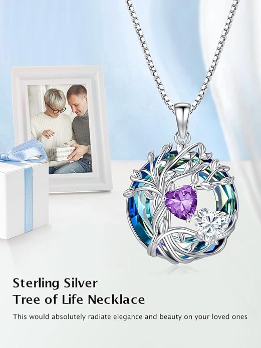 TOUPOP s925 Sterling Silver Family Celtic Tree of Life Pendant Necklaces with 2 Heart Birthstone with Blue Austrian Crystal Jewelry Birthday Anniversary Christmas Gifts for Her Wife Girlfriend Mom (18K Real White Gold Filled)