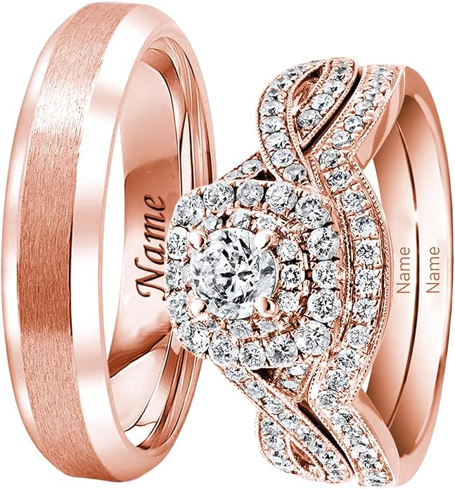 Rikelus Moissanite Engagement Ring Sets for Couples,10K 14K 18K Solid Gold Heart/Princess/Round Cut Bridal Ring Sets,Customized Matching Wedding Bands Set for Men and Women Free Engraving
