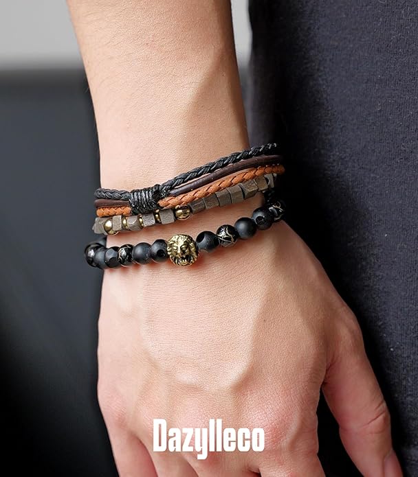3pc Mens Beaded Bracelets Silver Stainless Steel Chain Bracelet for Men Handmade Braided Bracelet Sets Jewelry Gifts for Men