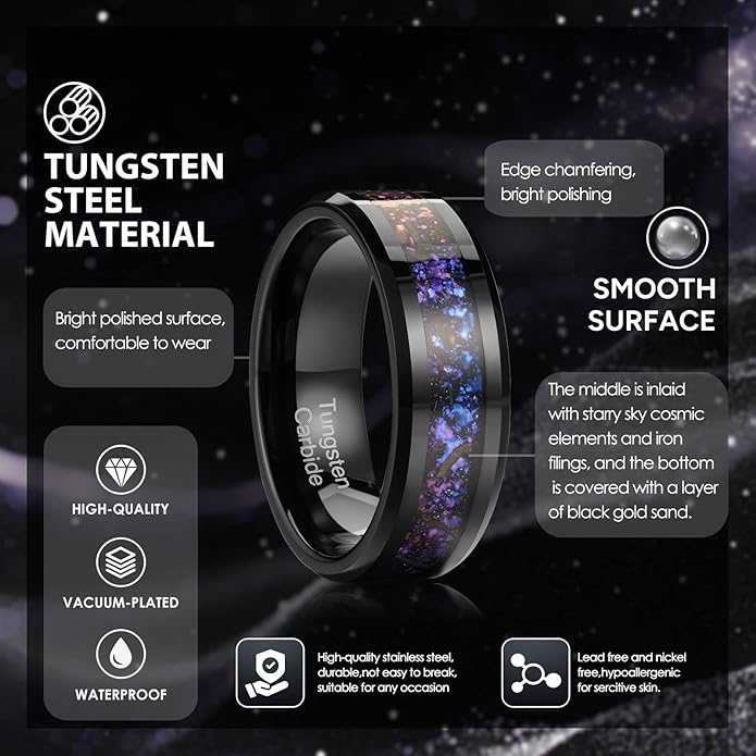 Men's 8mm Black/Gold Tungsten Carbide Wedding Ring Nebula Galaxy Wedding Promise Gold Foil Inlay Real Meteorite Matte Bevel Comfort Fit