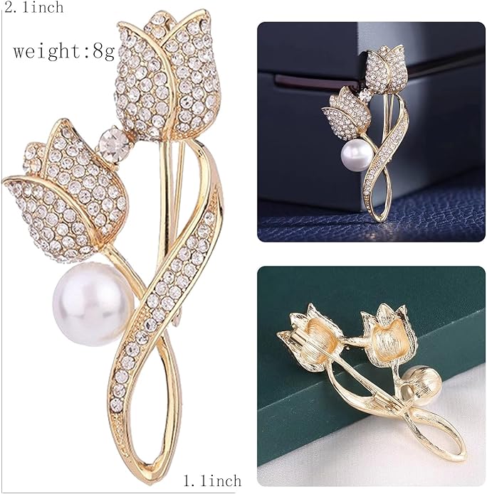 Crystal Pearl Flower Brooches Pins Fashion Beautiful Created Rhinestone Floral Brooch Good Idea for Party Dance Wedding Banquet for Elegant Women Girl