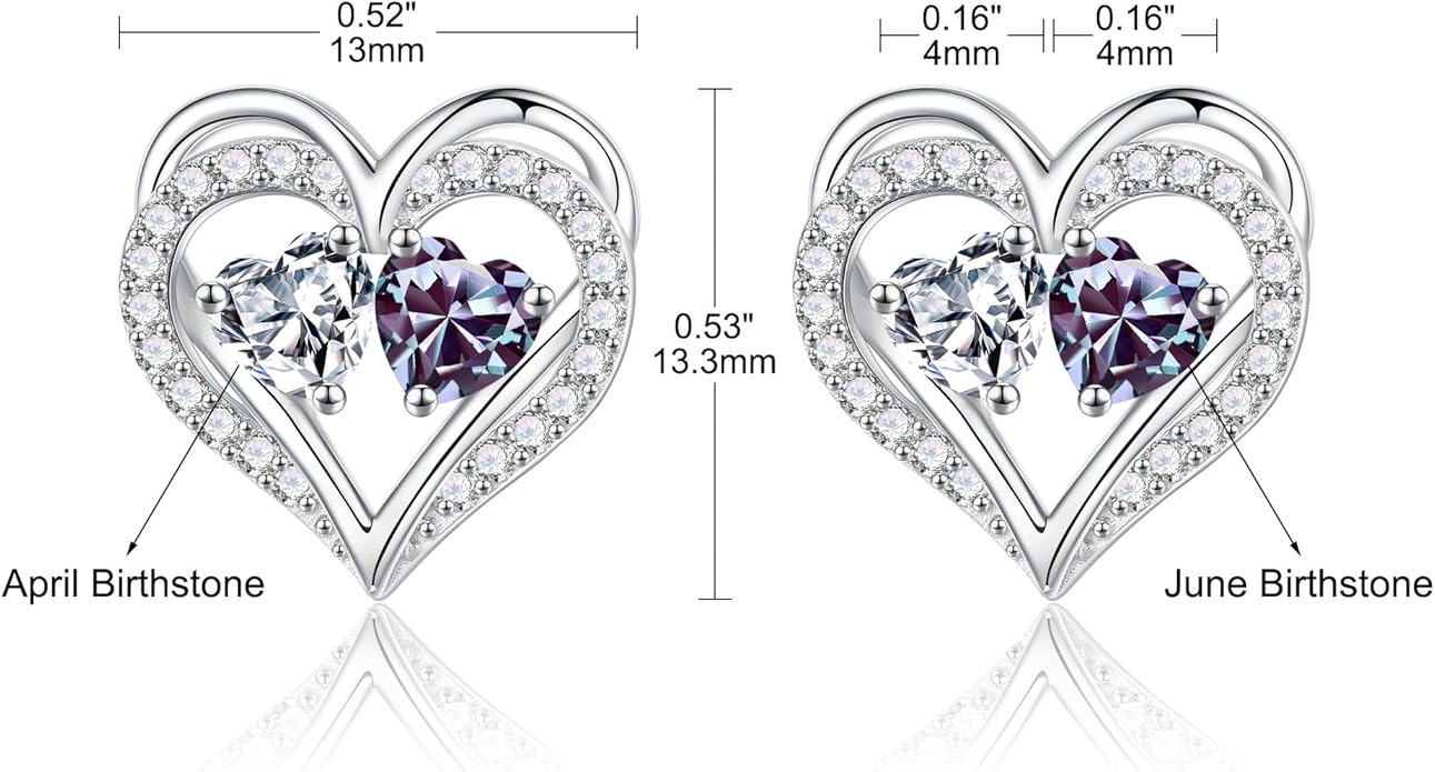 Iefil Birthstone Earrings for Women - 925 Sterling Silver Heart Earrings Anniversary Birthday Gifts for Women Wife Girlfriend Mom