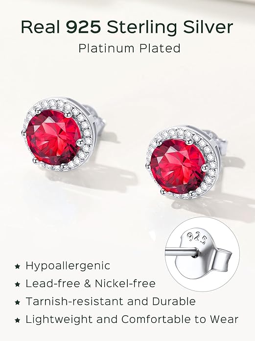 ChicSilver 925 Sterling Silver Birthstone Earrings for Women, 8MM/2 Carat Heart & Round Cubic Zirconia Stud Earrings, Hypoallergenic Jewelry, Ideal Birthday or Christmas Gifts