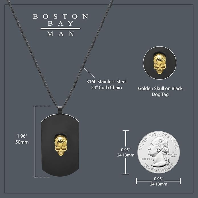 Boston Bay Men’s Black Dog Tag Necklace, 316L Stainless Steel Pendant with 24 Inch Fine Cuban Curb Link Chain