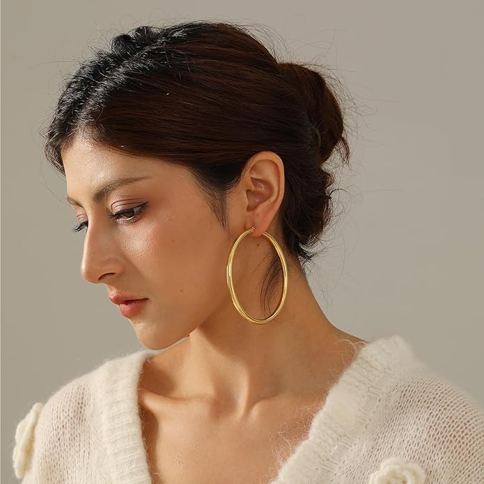 4mm Thick Gold Chunky Earrings Steling Silver Post Hoops Earrings For Women Hollow Tube Hoops Earrings Thick Gold Hoop Earrings Hypoallergenic Lightweight Gold Hoop Large Earrings 20/30/40/50/60MM