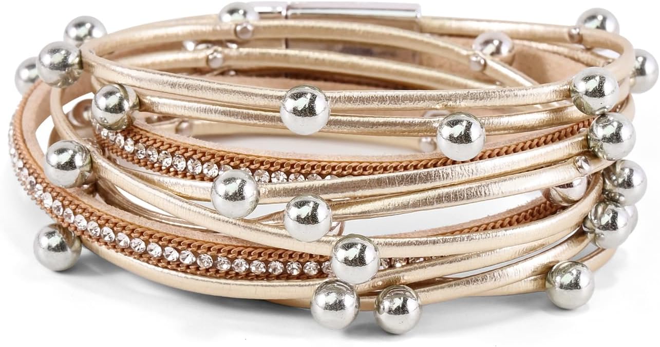 ENGCKSHI Wrapped Bracelets for Women,Leather Bracelet,Boho Bracelets for Women,Multi-Layer Pearl Crystal Bracelet Bangle Jewelry