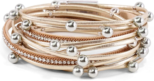 ENGCKSHI Wrapped Bracelets for Women,Leather Bracelet,Boho Bracelets for Women,Multi-Layer Pearl Crystal Bracelet Bangle Jewelry