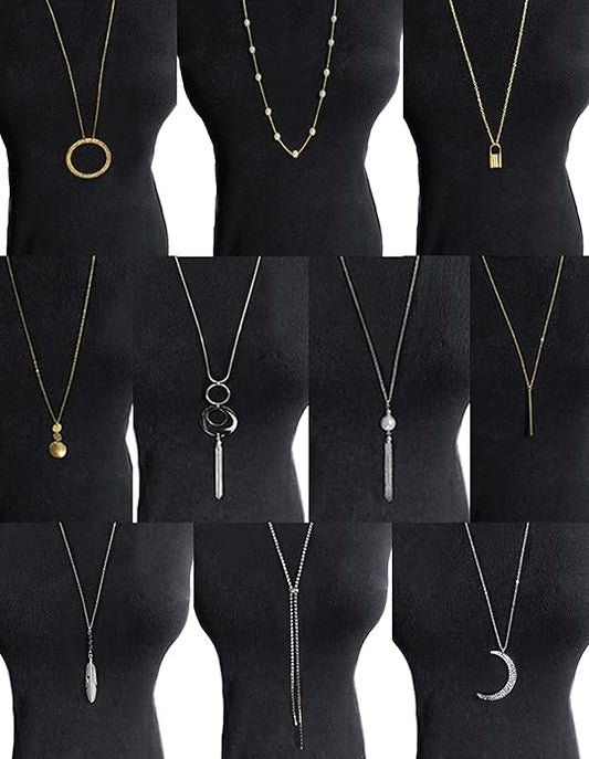 10Pcs Long Pendant Necklace Simple Moon Bar Three Triangle Tassel Lock Sweater Y Shape Punk Chain Choker Necklace for Women Men Gold Silver Plated