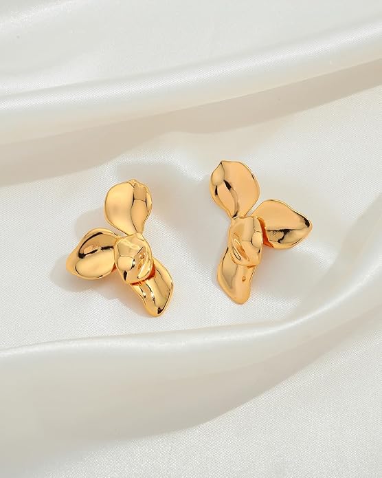Chunky Gold Statement Earrings For Women Gold Plated Sectored Flower Leaf Shell Angel Wing Earrings Large Stud Earrings Hypoallergenic Earrings