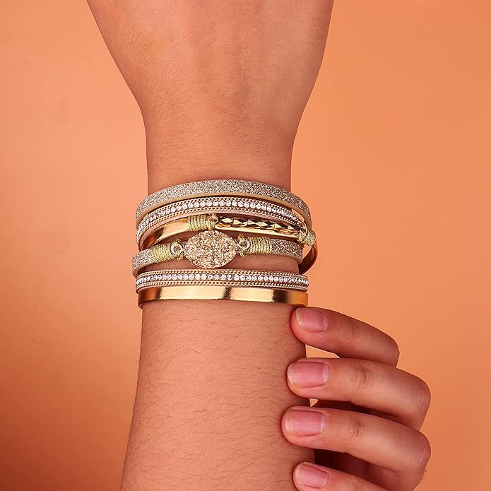 FANCY SHINY Leather Wrap Bracelet Boho Cuff Bangle Bracelets Crystal Bead Bracelet with Magnetic Clasp Jewelry Gifts for Women