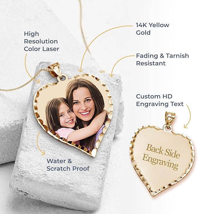 PicturesOnGold.com Personalized Photo Engraved Heart Shaped Picture Necklace with Diamond Cut Edge in Silver, Gold, White Gold or Rose Gold - 1 Inch x 1 Inch