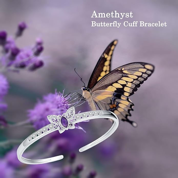Butterfly Filigree Cuff Bracelet with CZ, 925 Sterling Silver Adjustable Natural Gemstone Bangle, Vintage Boho Jewelry Gift for Her