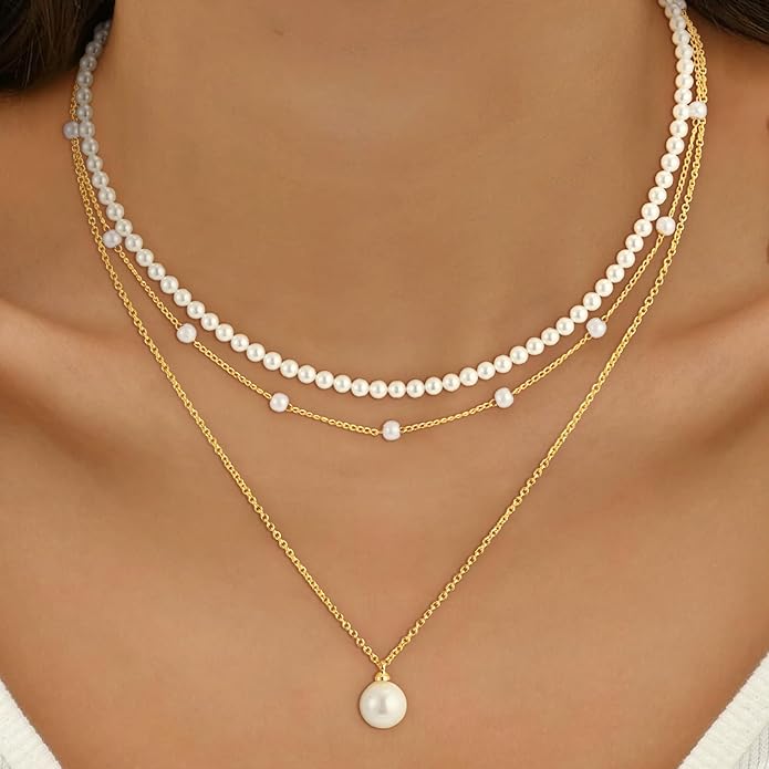 Pearl Necklaces for Women Trendy, 18K Gold/Silver Plated Layered Pearl Necklace Dainty Pearls Choker Necklace and Earring Set Simple Pearls Bracelets Wedding Prom Gold Jewelry for Women Gifts