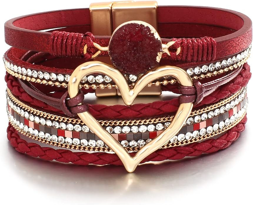 Leather Wrap Bracelet for Women Beaded Cuff Bracelet with Heart-shape Decor Bohemian Crystal Bracelet Jewelry with Clasp Bangle Bracelet for Women Girls Birthday Holiday Gift