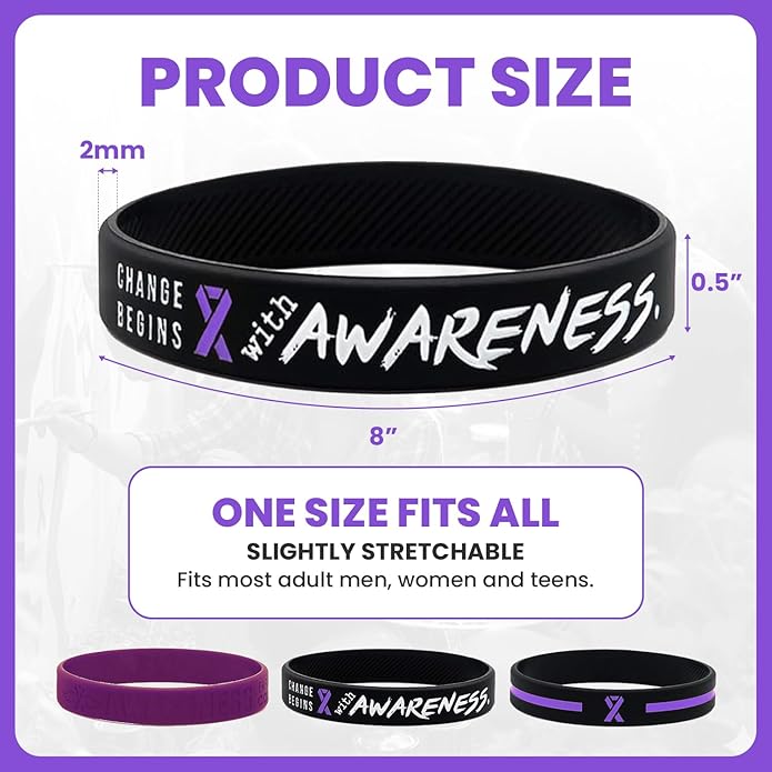 Inkstone (12-Pack) Purple Awareness Ribbon Bracelets, Variety Pack - Wholesale Pack of 12 Silicone Rubber Wristbands to Symbolize Hope, Courage, Strength, and Support - Unisex for Men Women Teens…