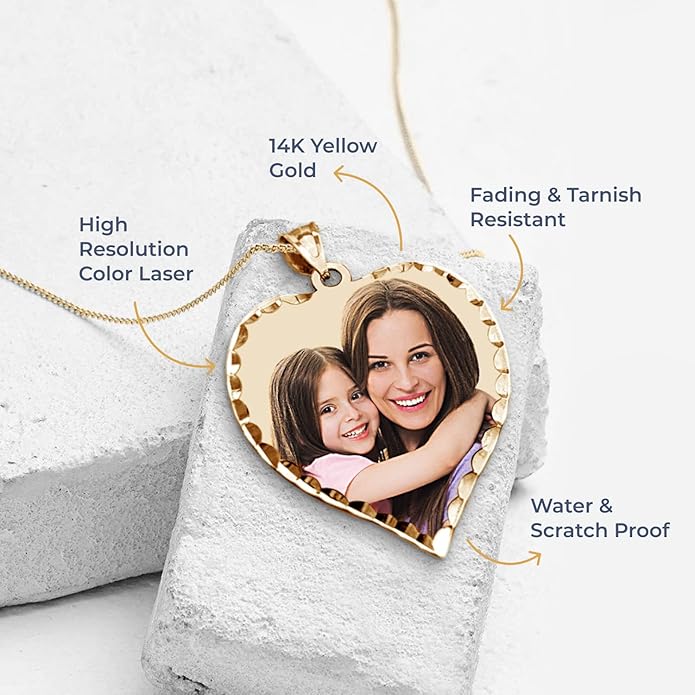PicturesOnGold.com Personalized Photo Engraved Heart Shaped Picture Necklace with Diamond Cut Edge in Silver, Gold, White Gold or Rose Gold - 1 Inch x 1 Inch