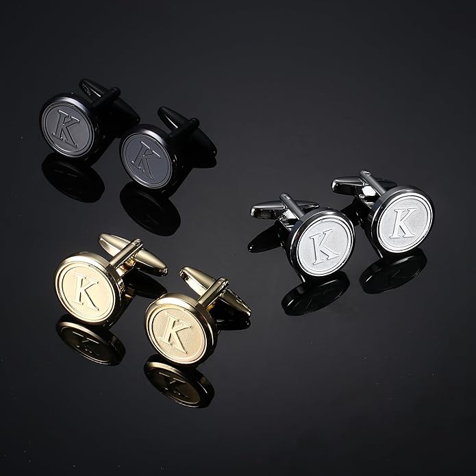 LOLIAS 3 Pairs Initial Cufflinks For Men Classic Mens CuffLinks Set Letter Cuff Links for Casual to Formal with Gift Box Silver Black 14K gold plated Cufflinks for Father Husband